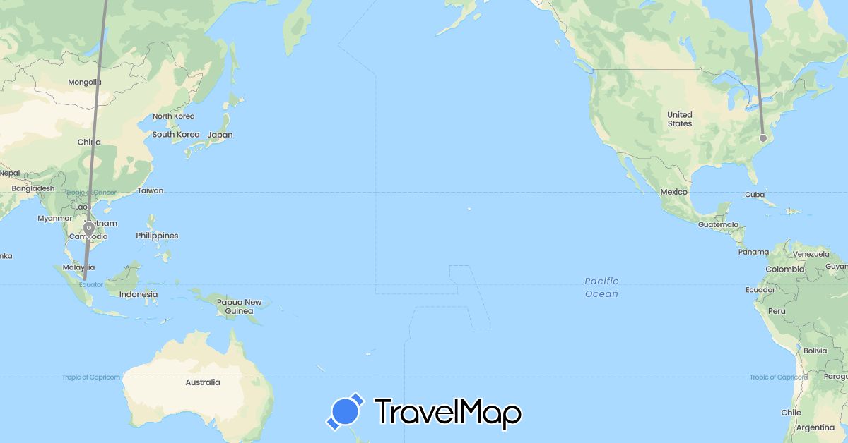 TravelMap itinerary: driving, plane in Cambodia, Singapore, United States (Asia, North America)